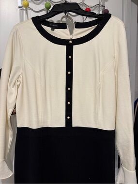 Talbots Cream and Black Long Sleeve Sheath Dress with Pearl Buttons